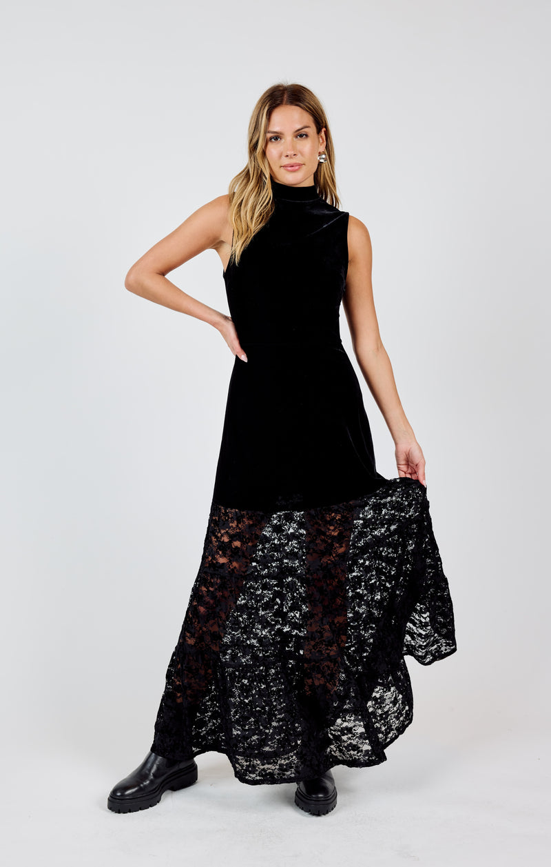 At Dusk Velvet Lace Contrast Maxi Dress, Black