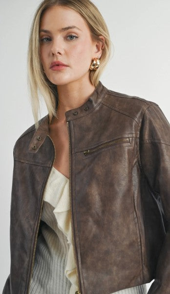 Vegan Leather Biker Jacket, Chocolate