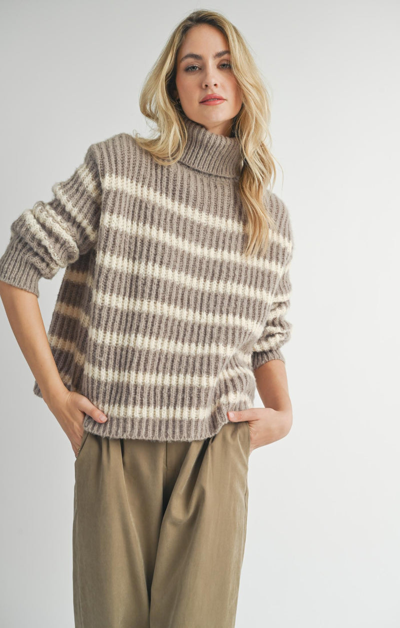 Aki Turtleneck Striped Sweater, Moss