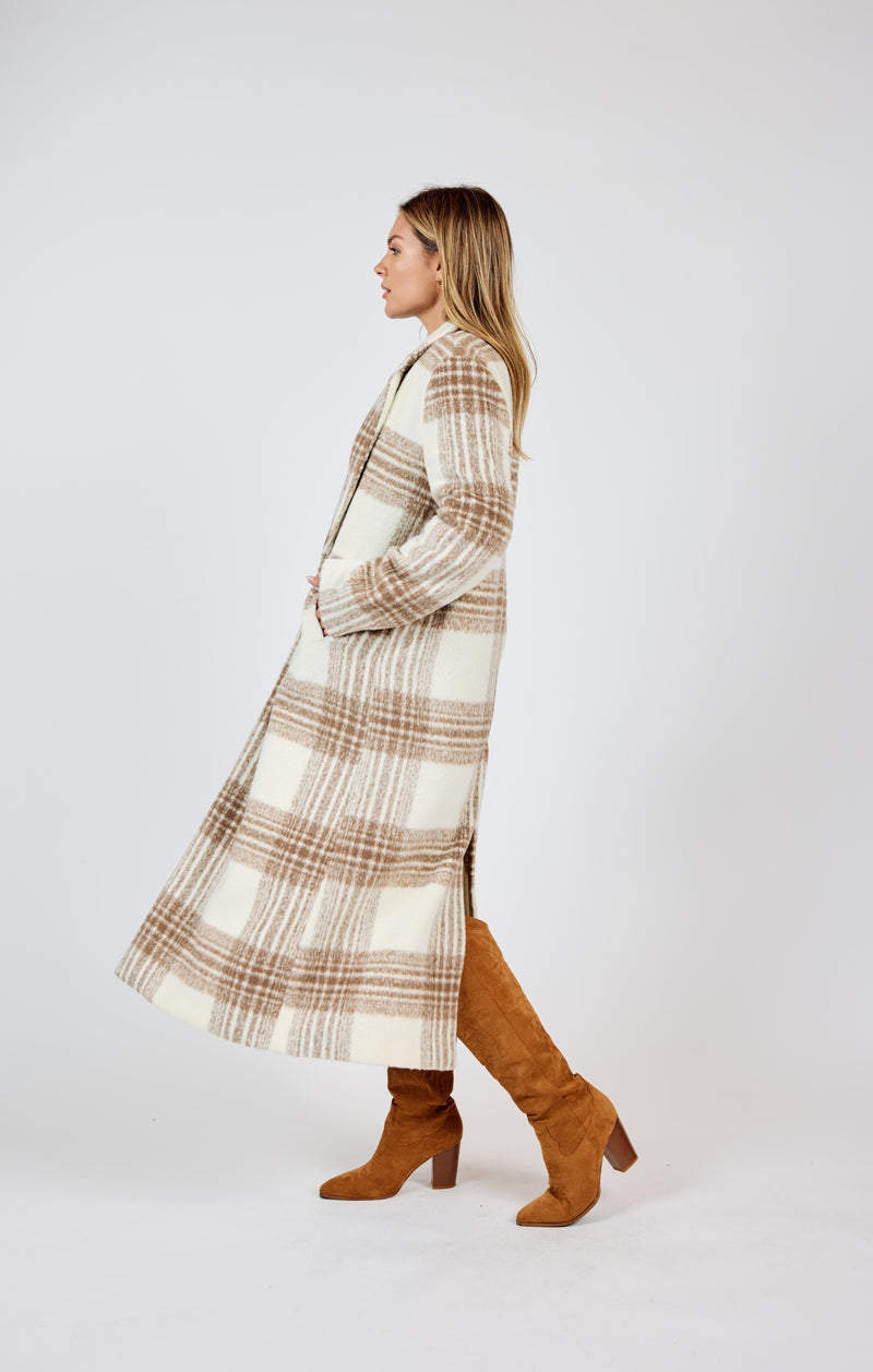 Zella Plaid Buttoned Long Coat, Ivory Multi