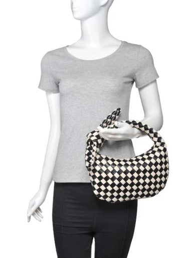 Lizbeth Checkered Tie Handbag, Black/Ivory