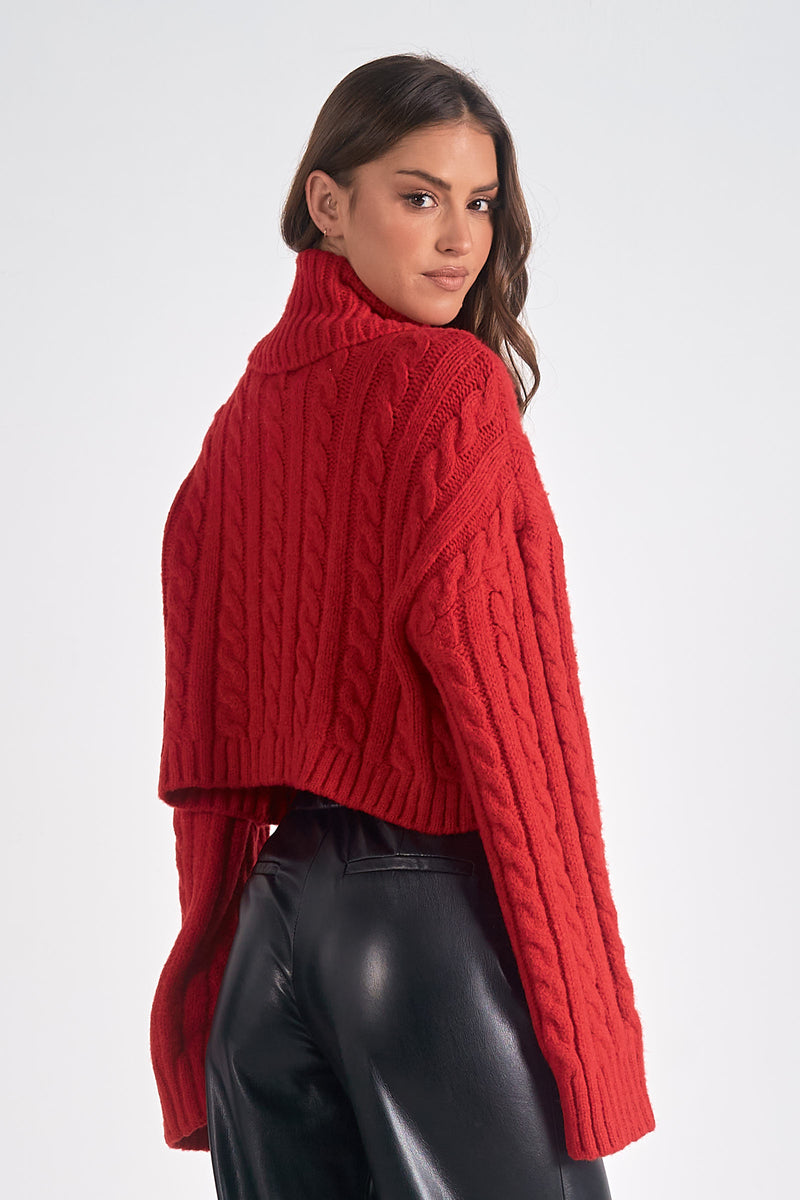 Cable Knit Turtleneck Sweater, Red