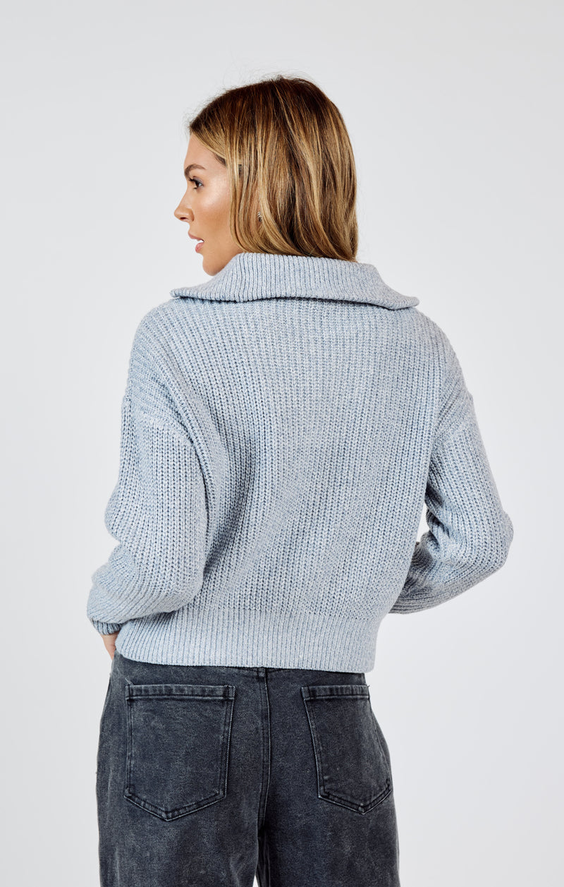 Abbie Zip Sweater W/ Wide Rib Collar, Grey