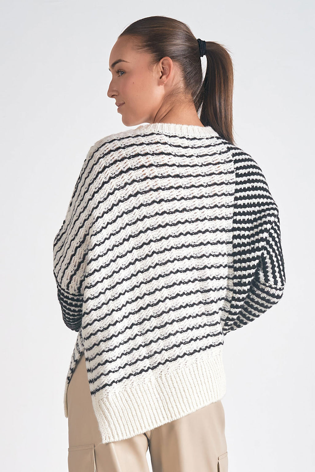 Striped Asym Hem Sweater, Black/White