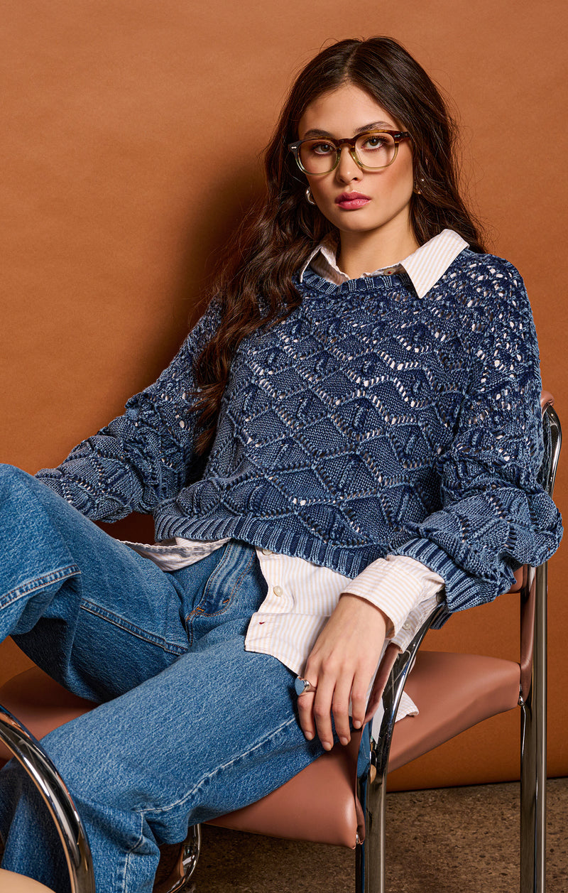 Long Sleeve Crochet Sweater, Indigo