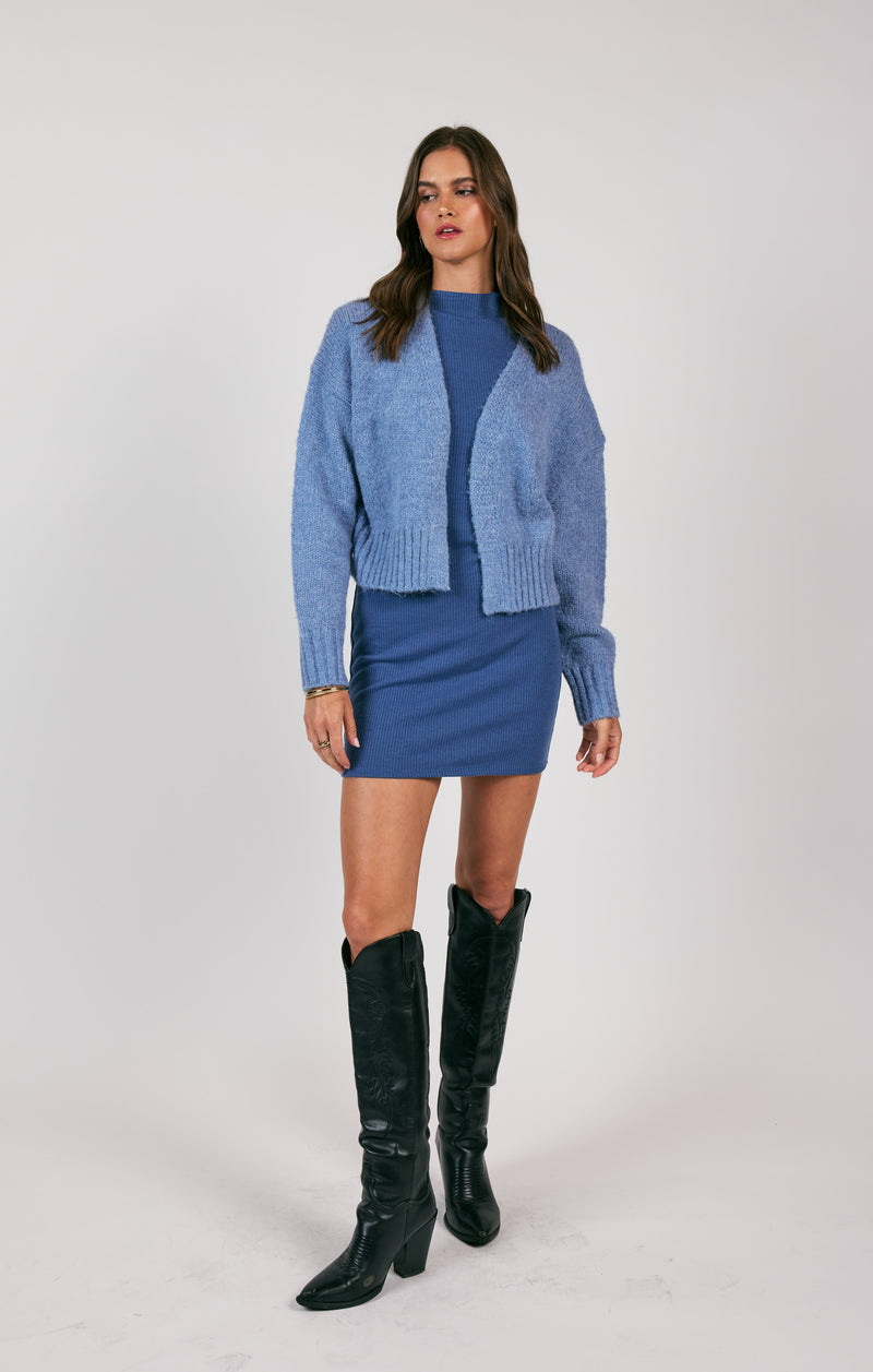 Rhia Cropped Open Cardigan, Blue