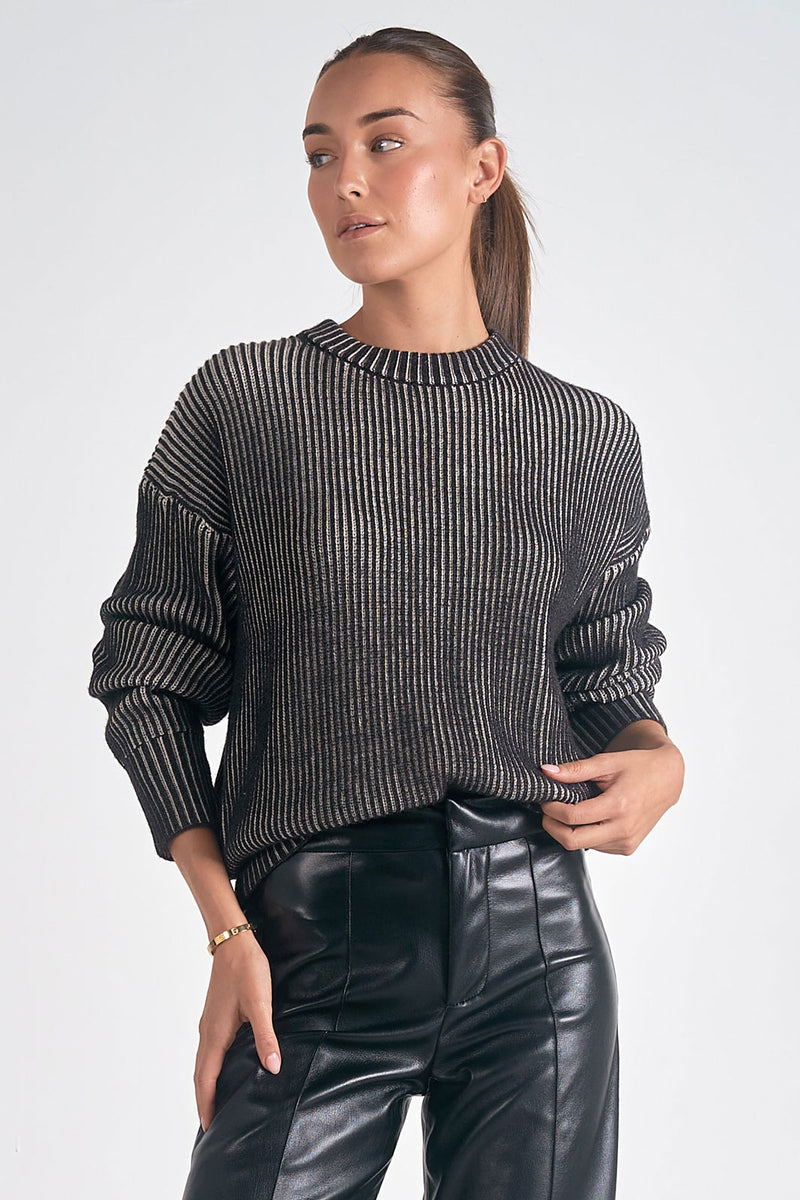 Ribbed Ombre Crewneck Sweater, Black/White