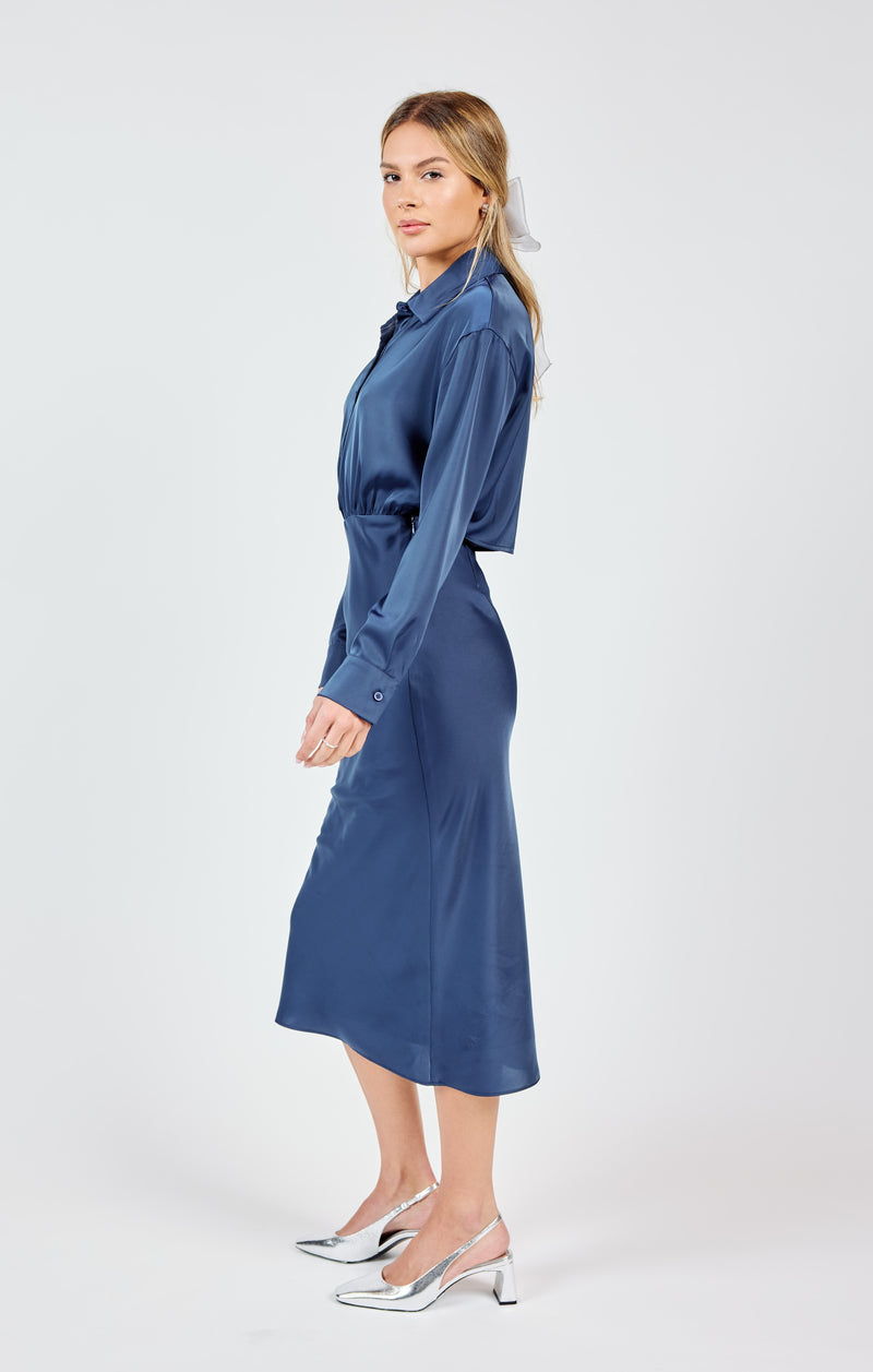 Last Night Shirt Open Back Midi Dress, Navy