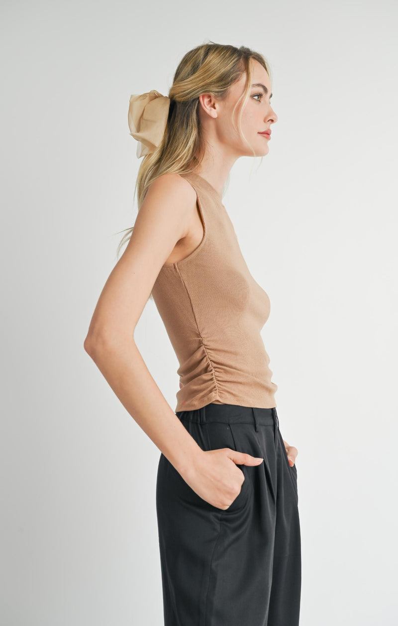 Mock Neck Ruched Knit Top, Dark Taupe