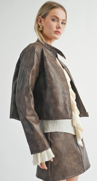 Vegan Leather Biker Jacket, Chocolate