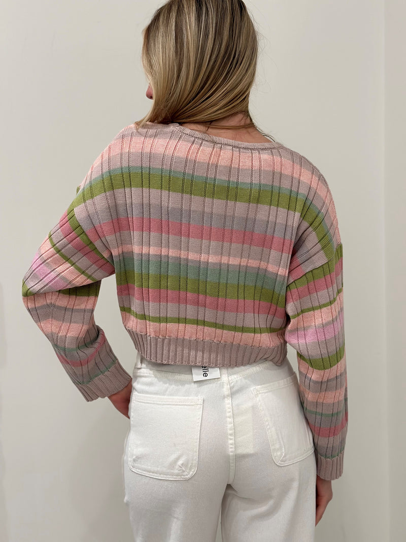 Ribbed Stripe Crop Sweater, Pink Multi