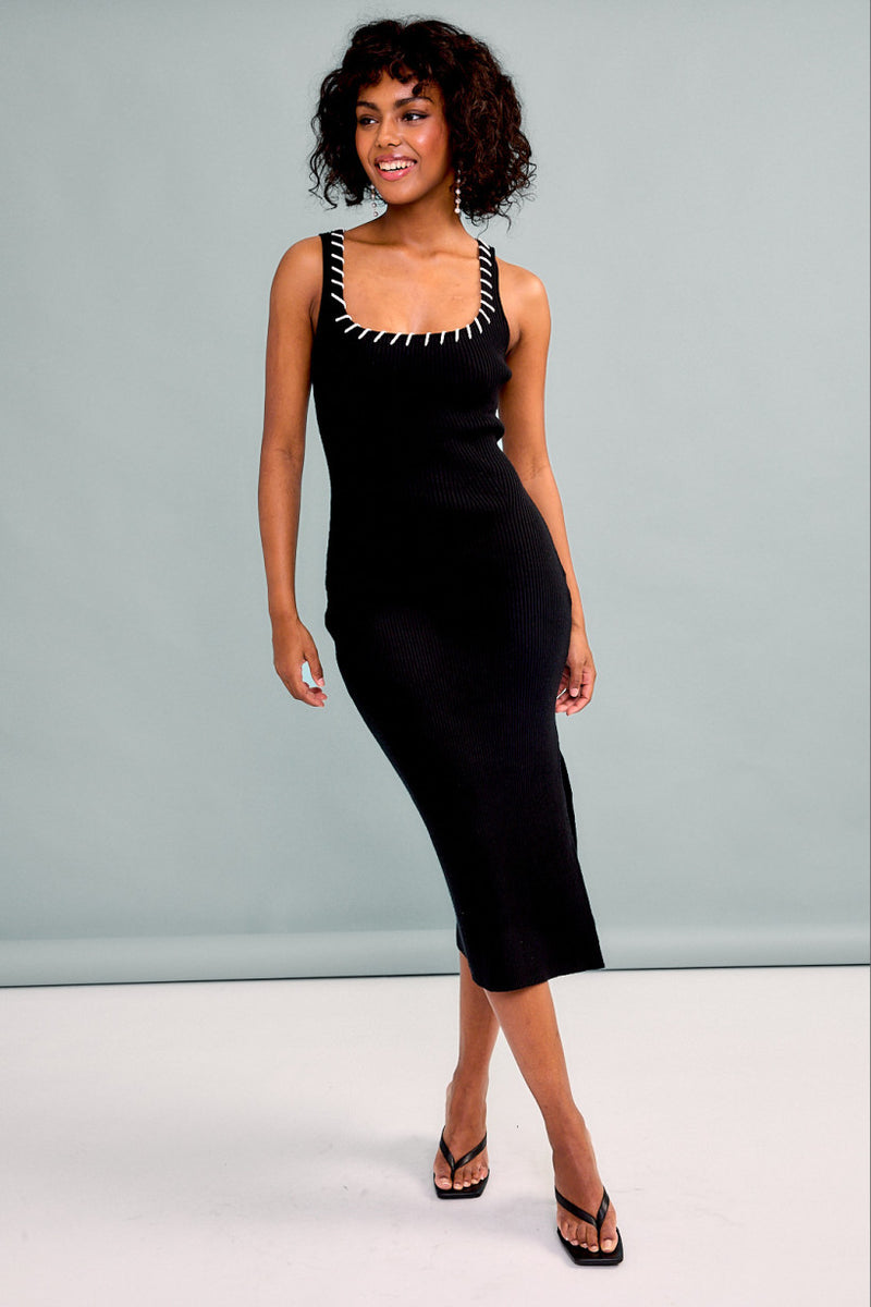 Sleeveless Contrast Stitch Dress, Black