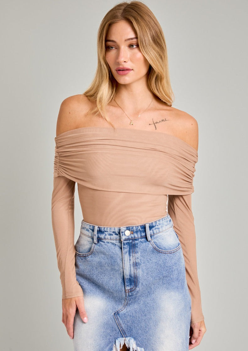 Off Shoulder Mesh Bodysuit, Taupe