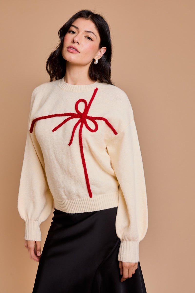 Bow Pullover Sweater, Cream