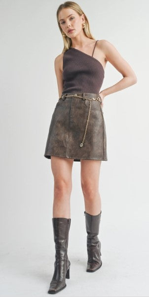 Rebel Vegan Leather Mini Skirt, Chocolate