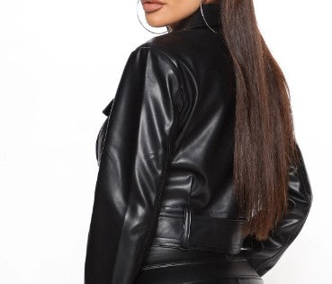 Cropped Collar Leather Jacket, Black