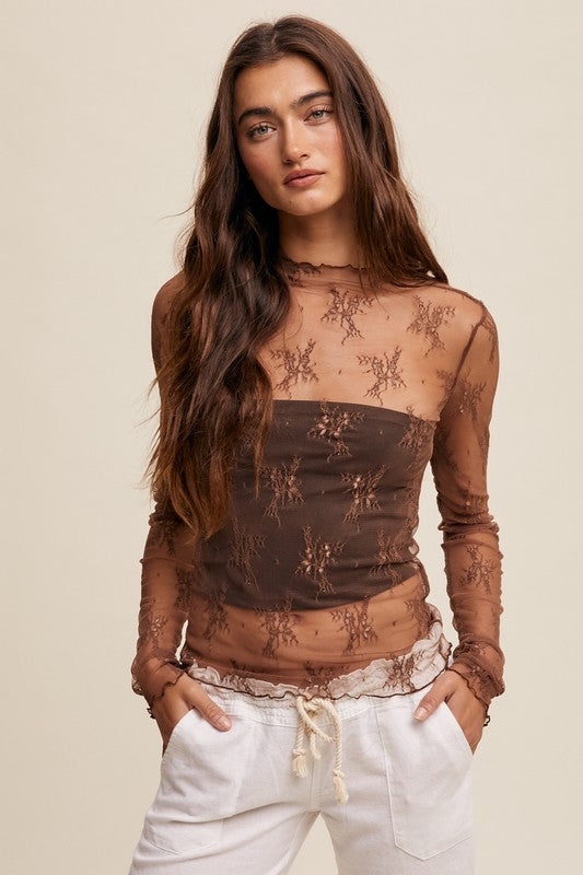 Lace Mock Neck Layering Top, Mocha