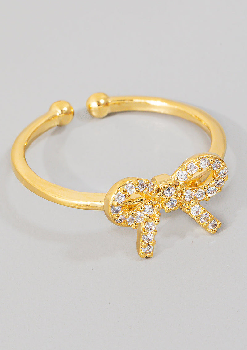 Gold Dipped Cz Pave Ribbon Bow Open Band Ring