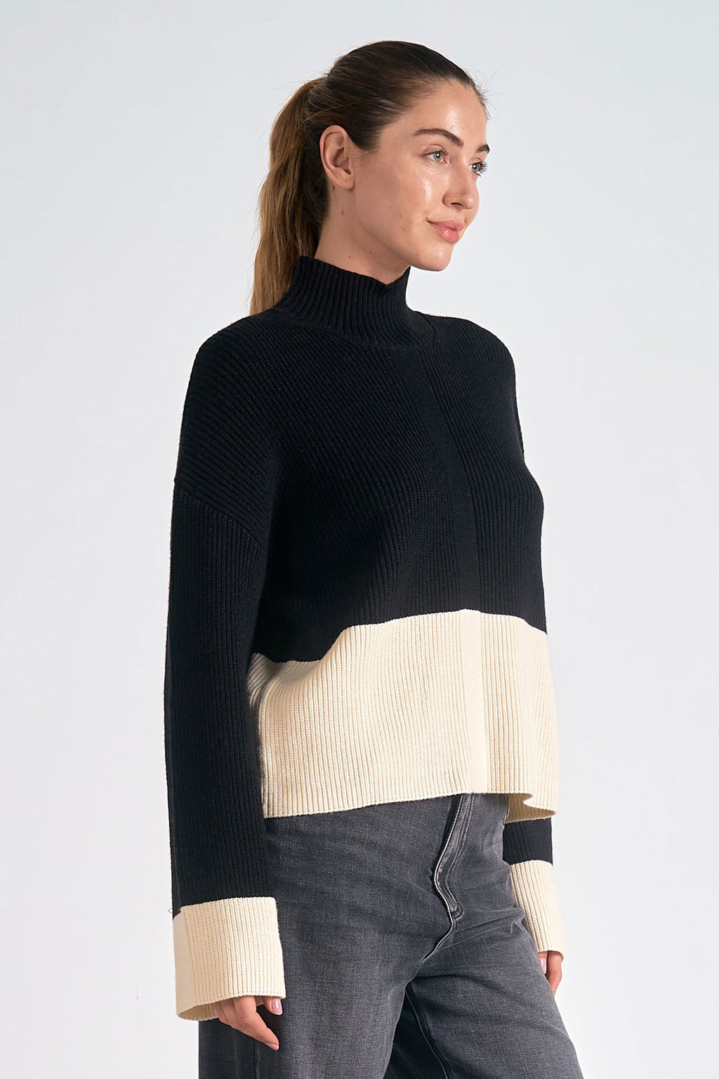 Colorblock Mock Turtleneck, Black/White