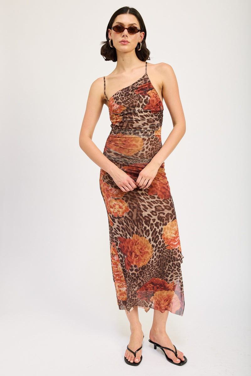 Mesh Print One Shoulder Midi Dress Leopard Orange Bliss Belle Boutique