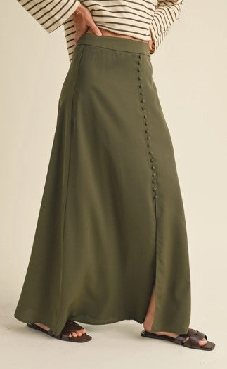 Button Detail Satin Skirt, Olive