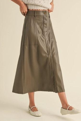 Pleather Aline Midi Skirt, Brown