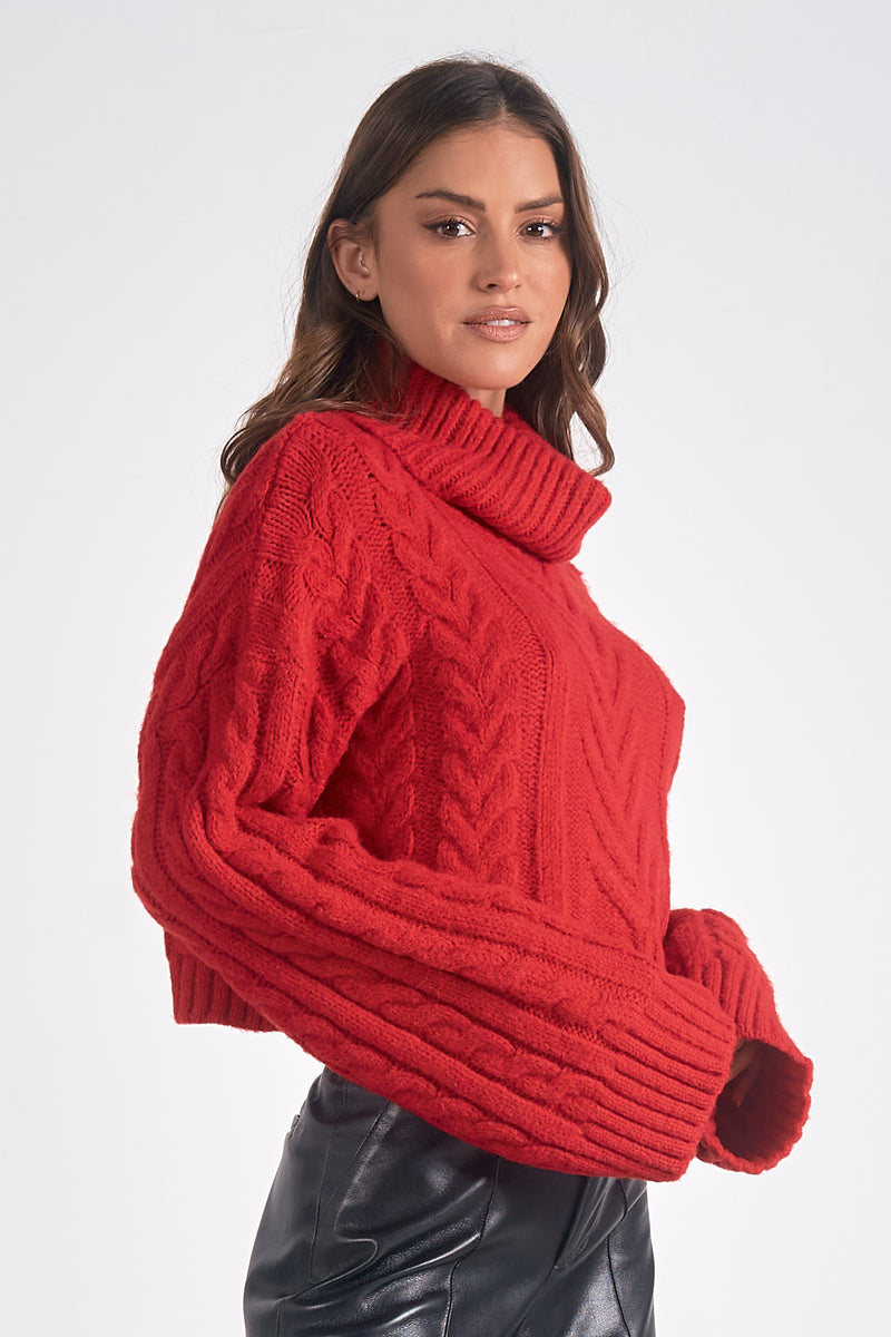 Cable Knit Turtleneck Sweater, Red