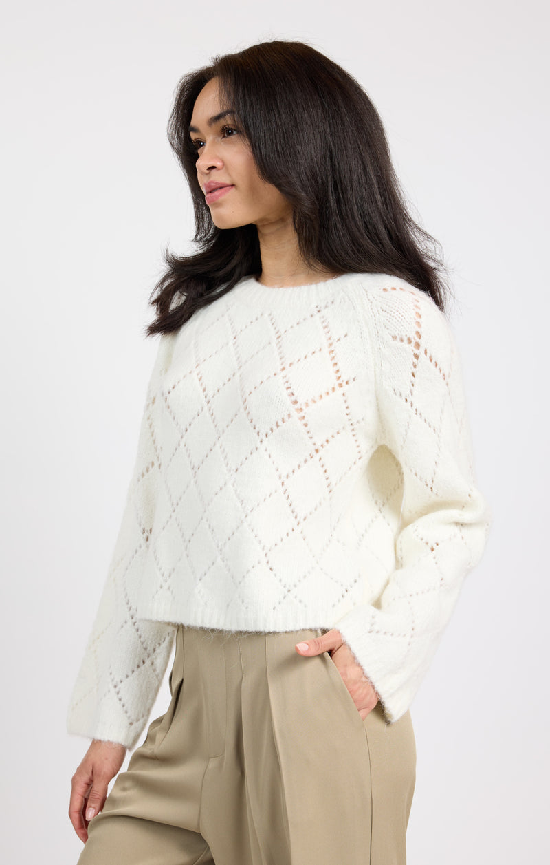 Selena Diamond Pointelle Sweater, Ivory