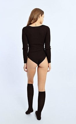 Long Sleeve Button Detail Body Suit, Black