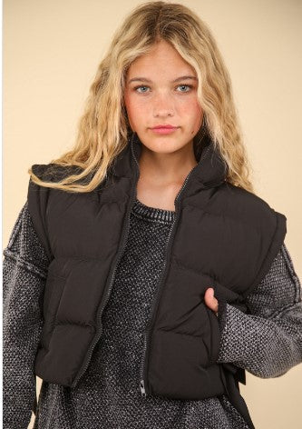 Cropped Puffer Vest with Bow Ties, Black