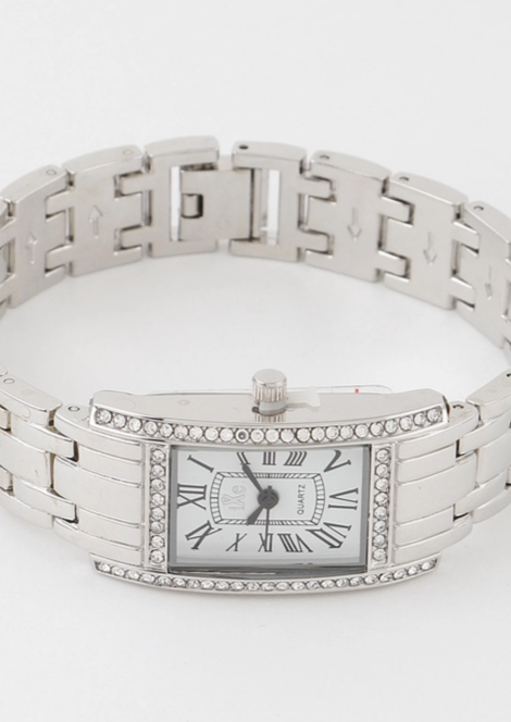 Rhinestone Lined Rectangular Watch, Silver