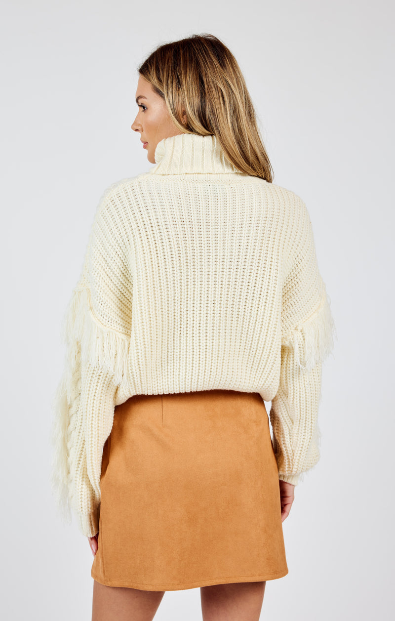 Carter Fringe Sleeve Turtleneck Sweater, Ivory