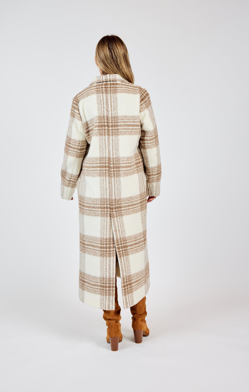 Zella Plaid Buttoned Long Coat, Ivory Multi