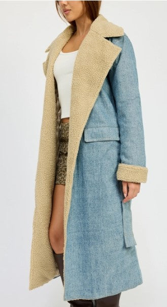 Sherpa Collar Denim Trench Coat