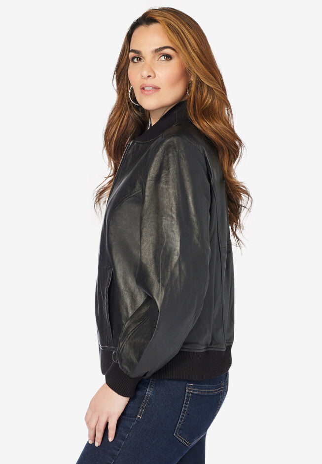 Oversized Leather Bomber, Black