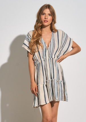 Short Sleeve Striped Mini Dress, Natural Blue