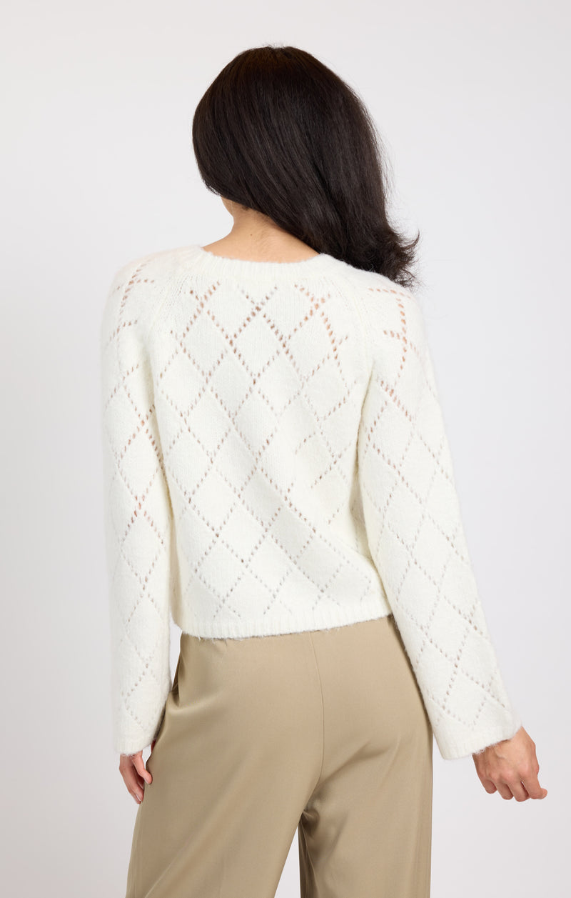 Selena Diamond Pointelle Sweater, Ivory