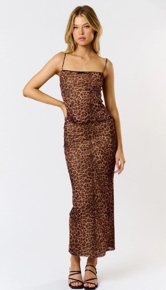 Leopard Mesh Maxi Skirt, Brown