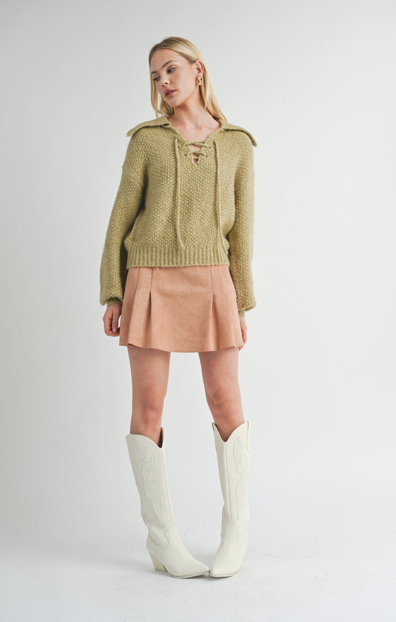 Sophia Lace up V-Neck Sweater, Sage