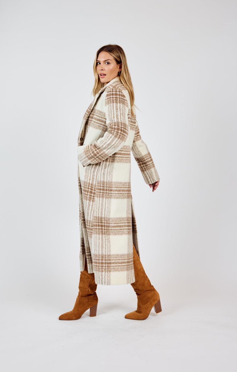 Zella Plaid Buttoned Long Coat, Ivory Multi