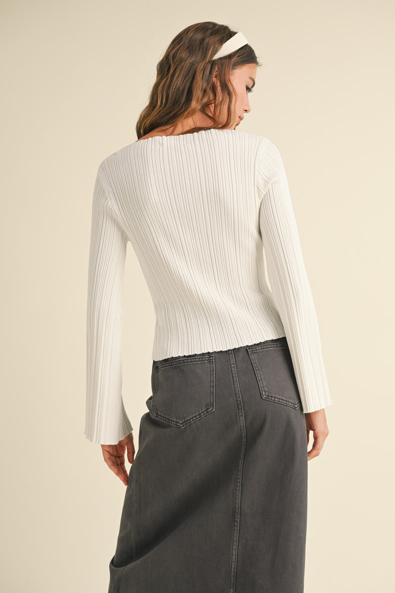 Bell Sleeve Ribbed Knit, Off White