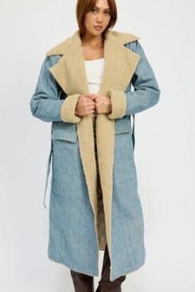 Sherpa Collar Denim Trench Coat