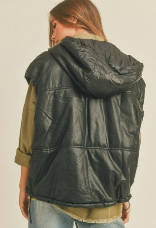 Pleather Vest with Hood, Black