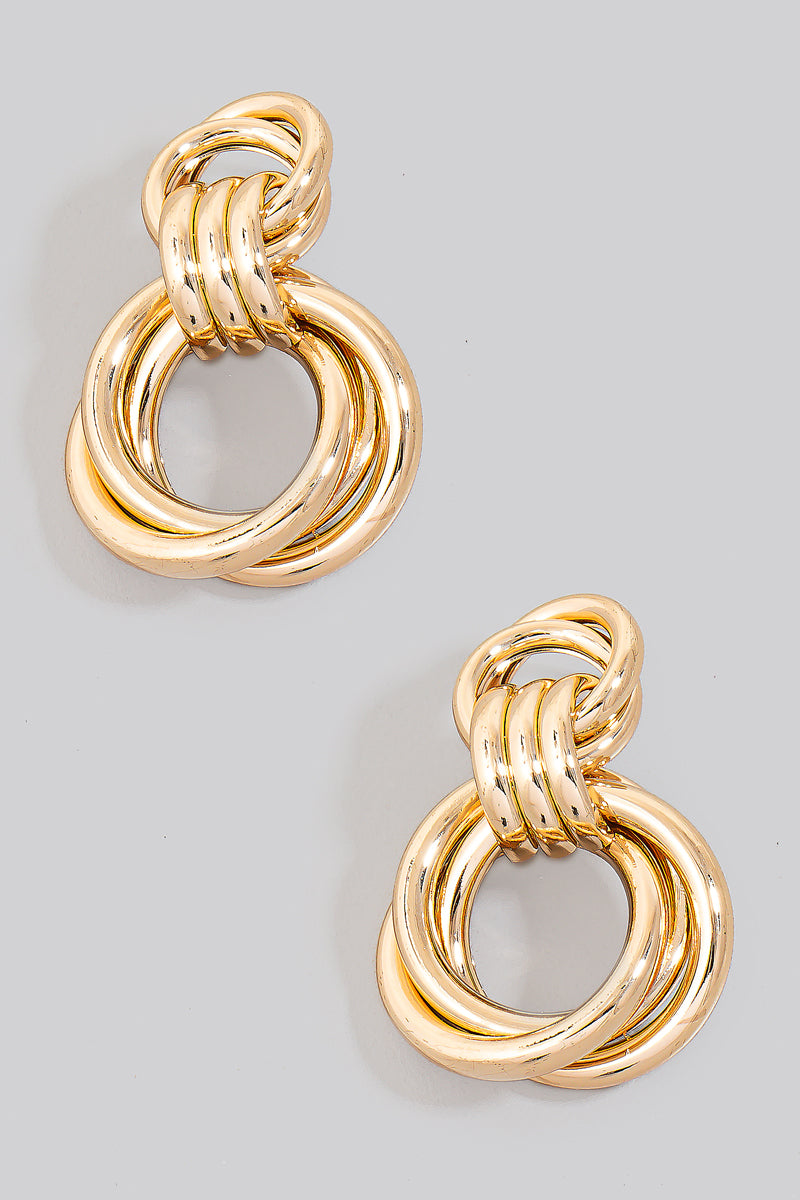 Triple Hoop Linked Tiered Dangle Earrings, Gold