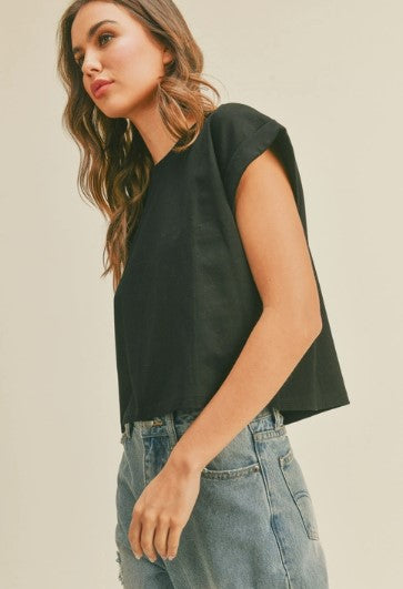 Short Sleeve Cuff Knit Top, Black