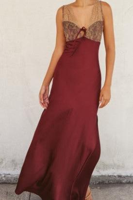 Sleeveless Satin Lace Top Maxi Dress, Sangria