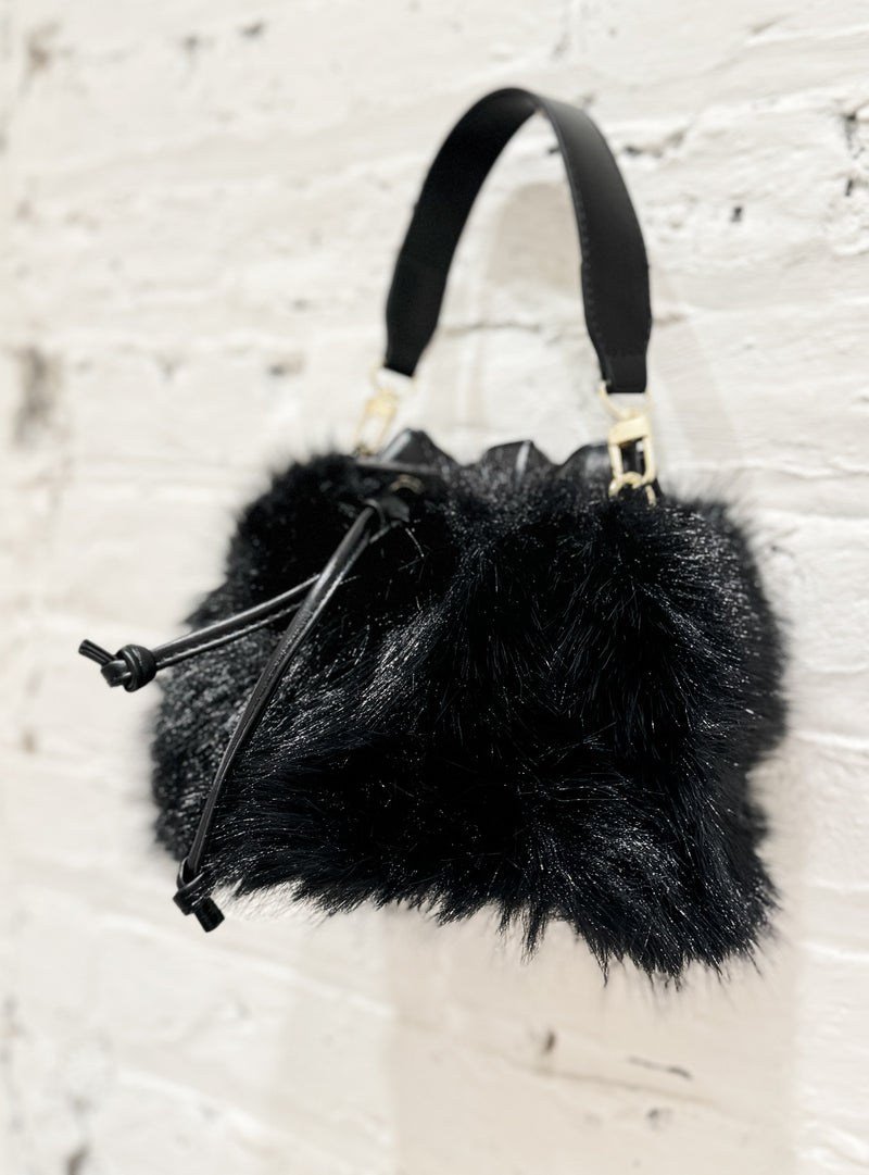 Mini Faux Fur Bucket Bag, Black