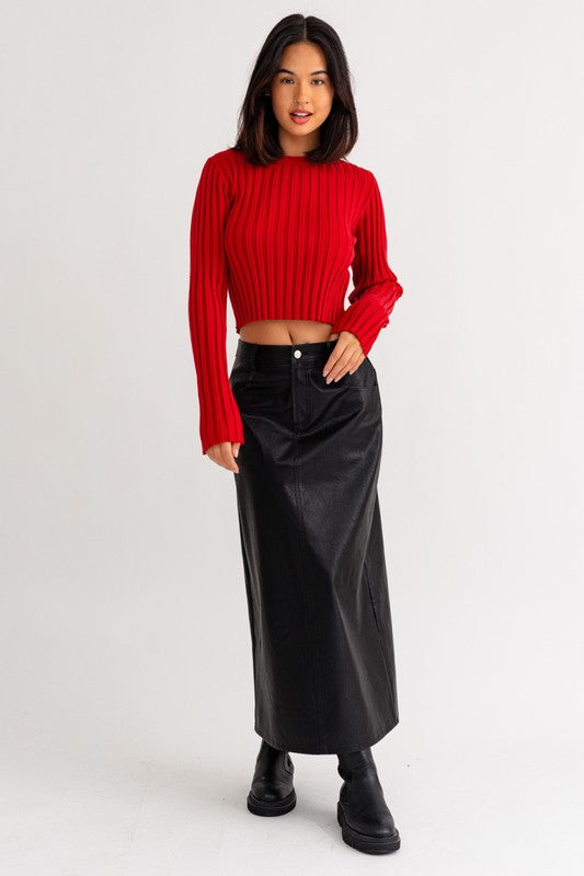 Long Sleeve Open Back Ribbed Knit Top, Red