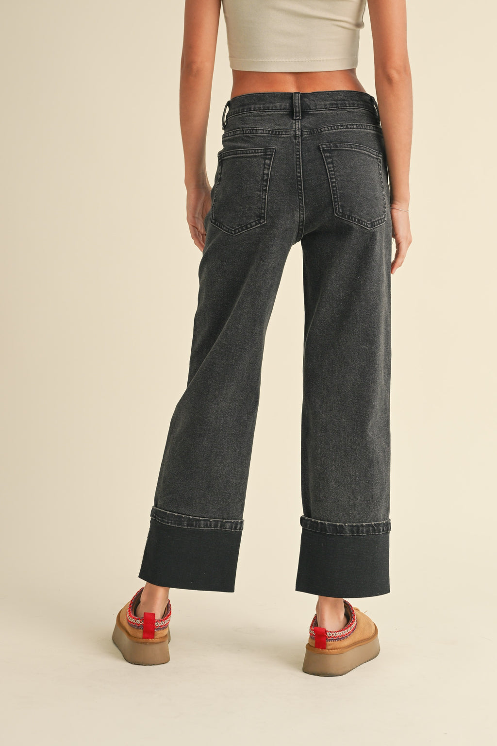 Cuffed Bottom Wide Leg Denim, Black