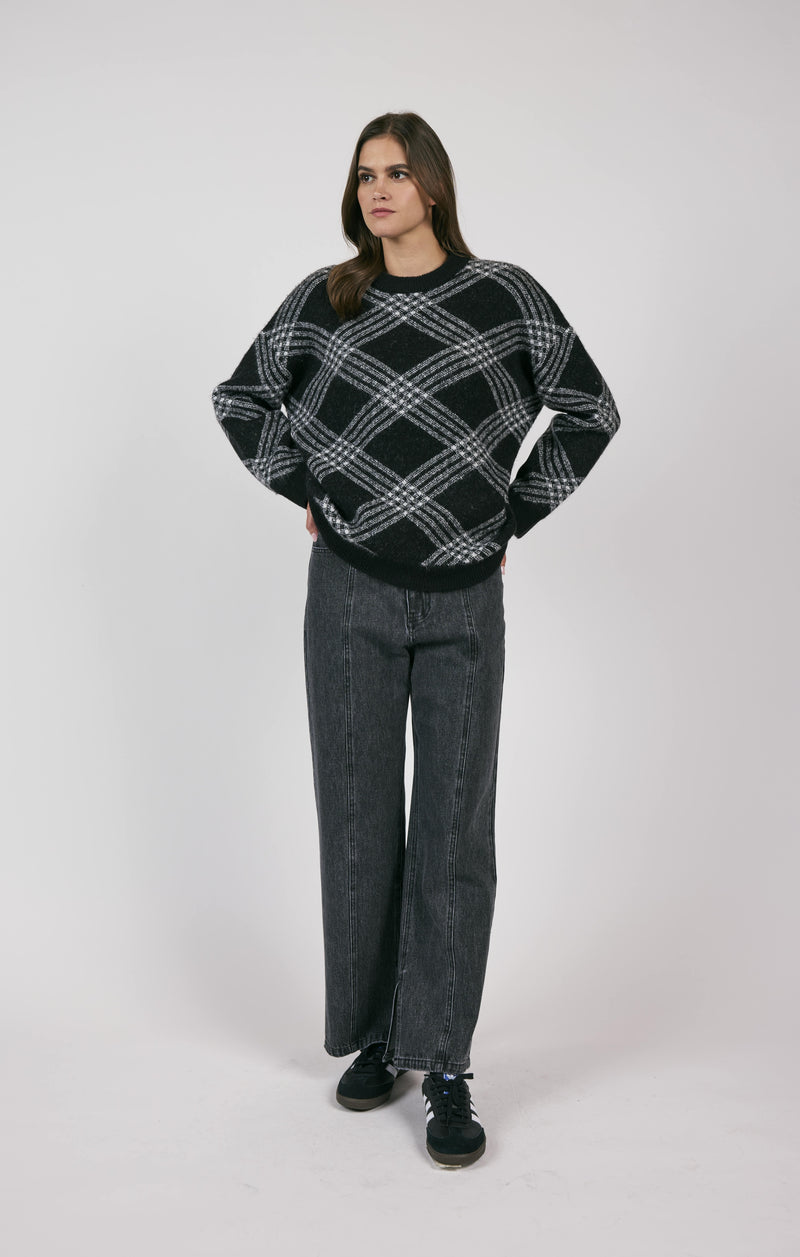 Brooke Plaid Print Sweater, Black/White